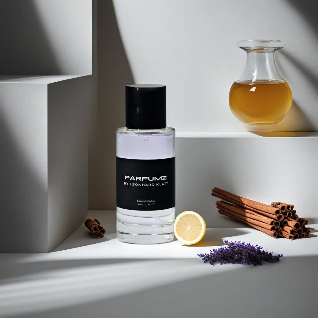 Flacon von dem Duftzwilling Honey Island für Damen oder Herren von der Marke Parfumz by Leonhard Klatt. Eine Elegante Zylinder Form mit schwarzem Deckel und Logo Sticker und Weißer Schrift. Mit 50ml Inhalt Extrait de Parfum